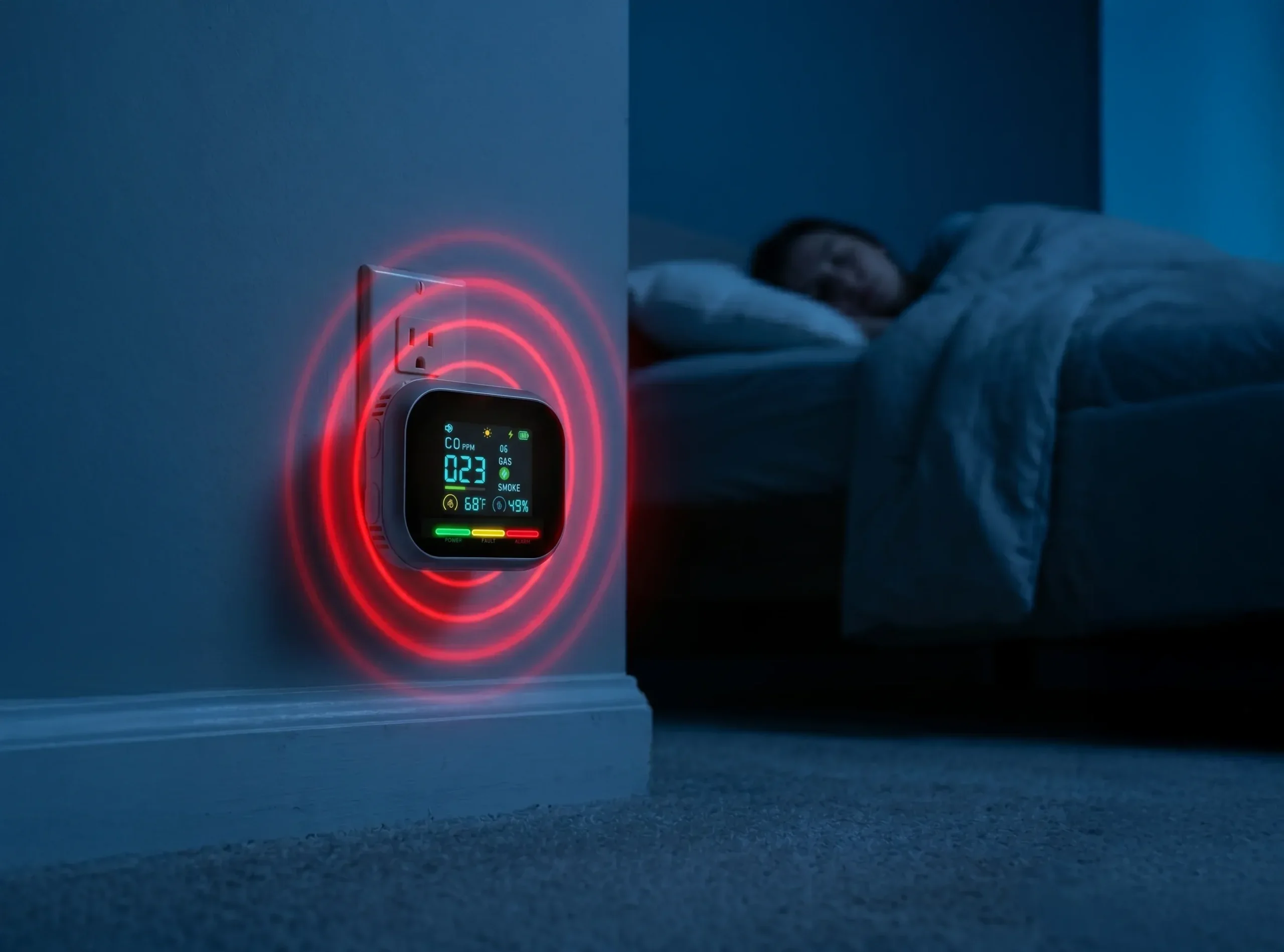 CarbonOne Safe live digital display showing real-time CO levels